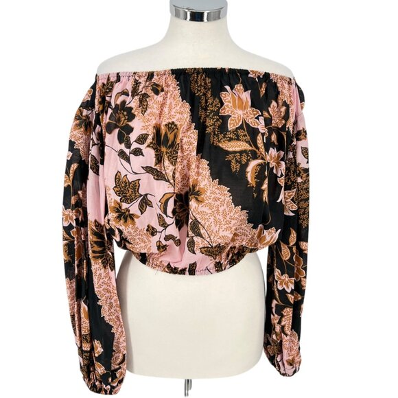 Vici Floral Off-The-Shoulder Puff Sleeve Blouse Pink Black Size Small - Picture 1 of 9